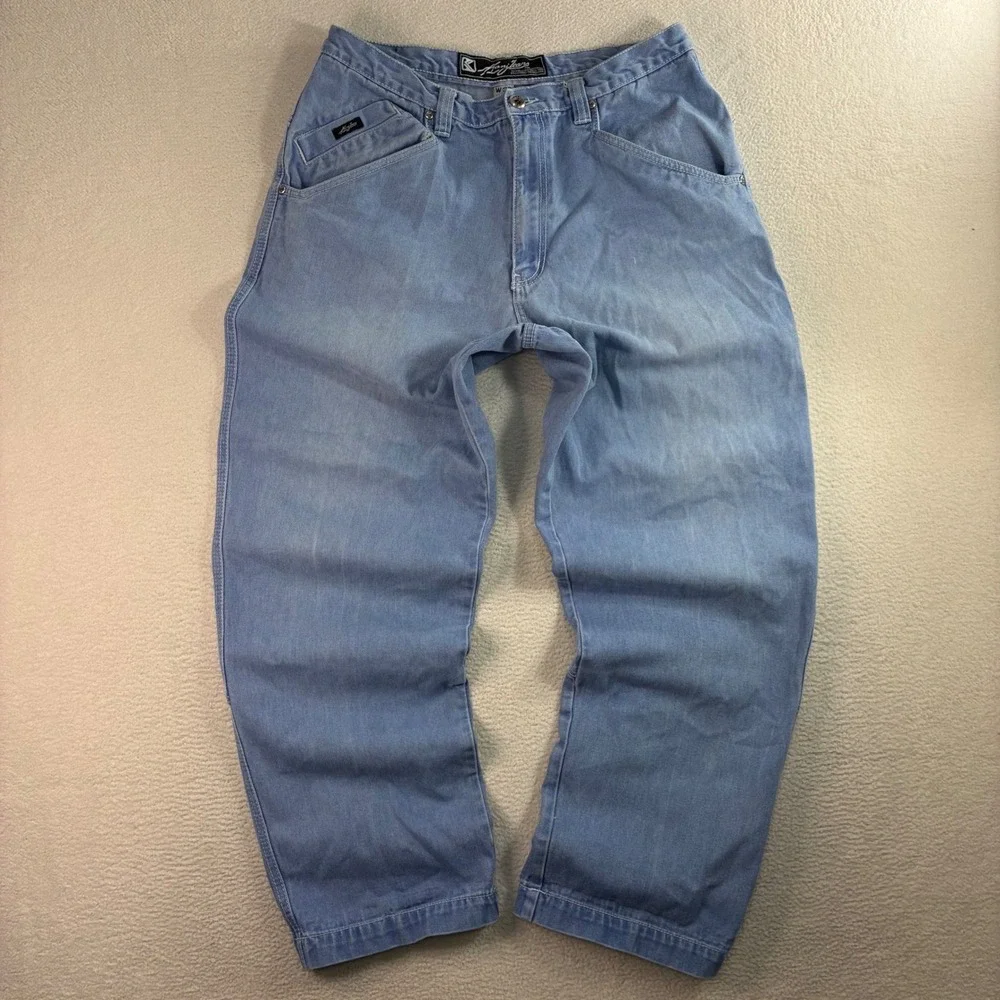 Vintage Karl Kani Baggy Jeans Men 36x32 Blue Faded Embroidered Loose Relaxed 90s